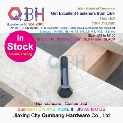 DIN960 M12X200 Black 10.9 Carbon Steel Half Thread Fine Thread Hex Bolts